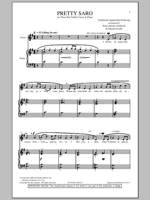 Mary Goetze Pretty Saro Sheet Music Notes & Chords for 3-Part Treble - Download or Print PDF