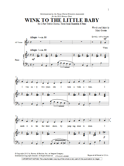 Mary Goetze Wink To The Little Baby Sheet Music Notes & Chords for 2-Part Choir - Download or Print PDF