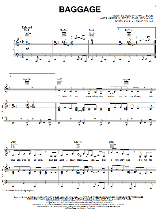 Mary J. Blige Baggage Sheet Music Notes & Chords for Piano, Vocal & Guitar (Right-Hand Melody) - Download or Print PDF Mary J. Blige Baggage Sheet Music Notes & Chords for Piano, Vocal & Guitar (Right-Hand Melody) - Download or Print PDF