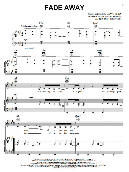 Mary J. Blige Fade Away Sheet Music Notes & Chords for Piano, Vocal & Guitar (Right-Hand Melody) - Download or Print PDF