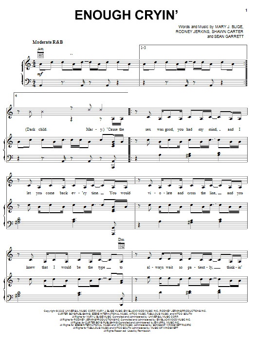 Mary J. Blige featuring Brook-lyn Enough Cryin' Sheet Music Notes & Chords for Piano, Vocal & Guitar (Right-Hand Melody) - Download or Print PDF