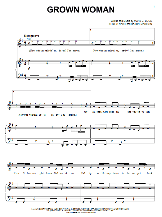 Mary J. Blige Grown Woman Sheet Music Notes & Chords for Piano, Vocal & Guitar (Right-Hand Melody) - Download or Print PDF Mary J. Blige Grown Woman Sheet Music Notes & Chords for Piano, Vocal & Guitar (Right-Hand Melody) - Download or Print PDF