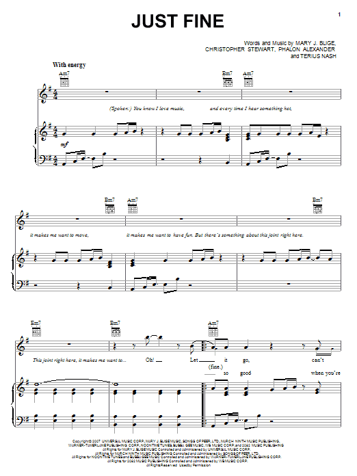 Mary J. Blige Just Fine Sheet Music Notes & Chords for Piano, Vocal & Guitar (Right-Hand Melody) - Download or Print PDF