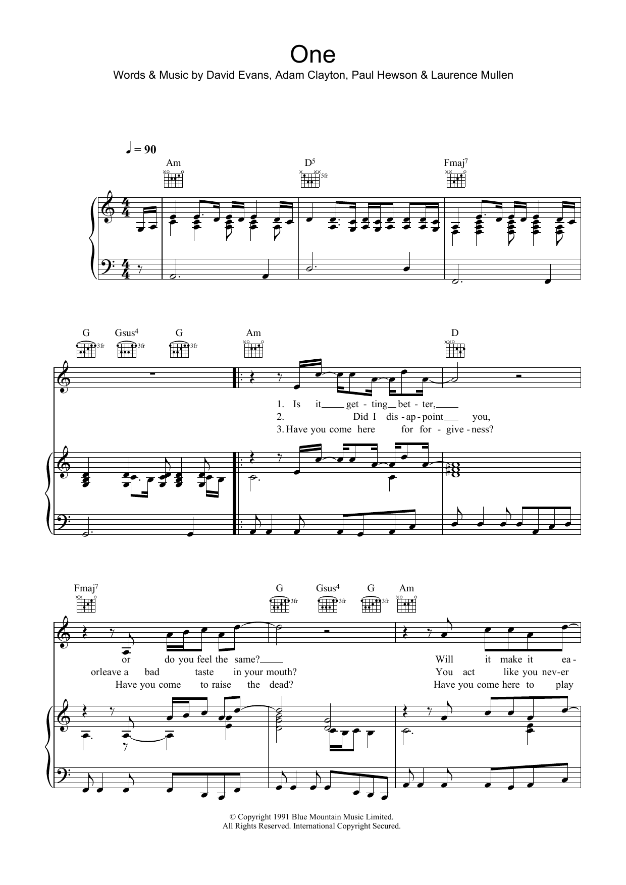 Mary J. Blige ft U2 One Sheet Music Notes & Chords for Piano, Vocal & Guitar (Right-Hand Melody) - Download or Print PDF