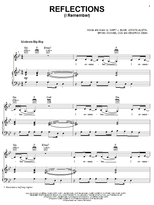 Mary J. Blige Reflections (I Remember) Sheet Music Notes & Chords for Piano, Vocal & Guitar (Right-Hand Melody) - Download or Print PDF