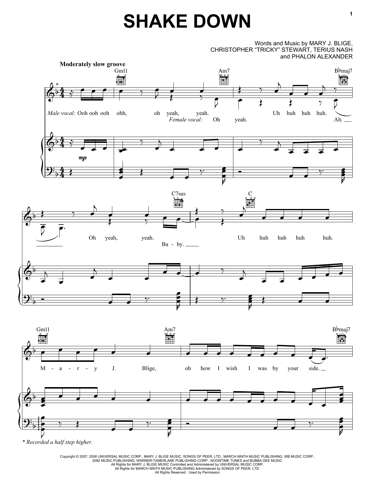 Mary J. Blige Shake Down Sheet Music Notes & Chords for Piano, Vocal & Guitar (Right-Hand Melody) - Download or Print PDF