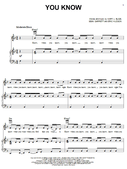 Mary J. Blige You Know Sheet Music Notes & Chords for Piano, Vocal & Guitar (Right-Hand Melody) - Download or Print PDF