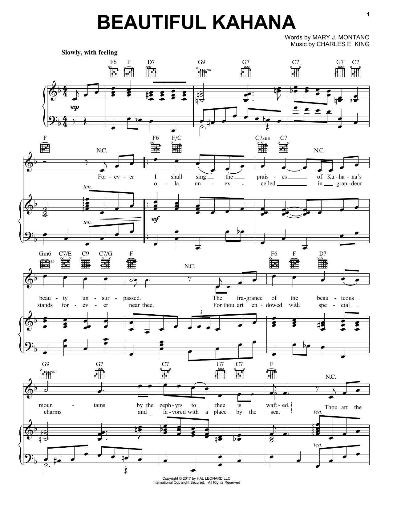 Mary J. Montano Beautiful Kahana Sheet Music Notes & Chords for Piano, Vocal & Guitar (Right-Hand Melody) - Download or Print PDF