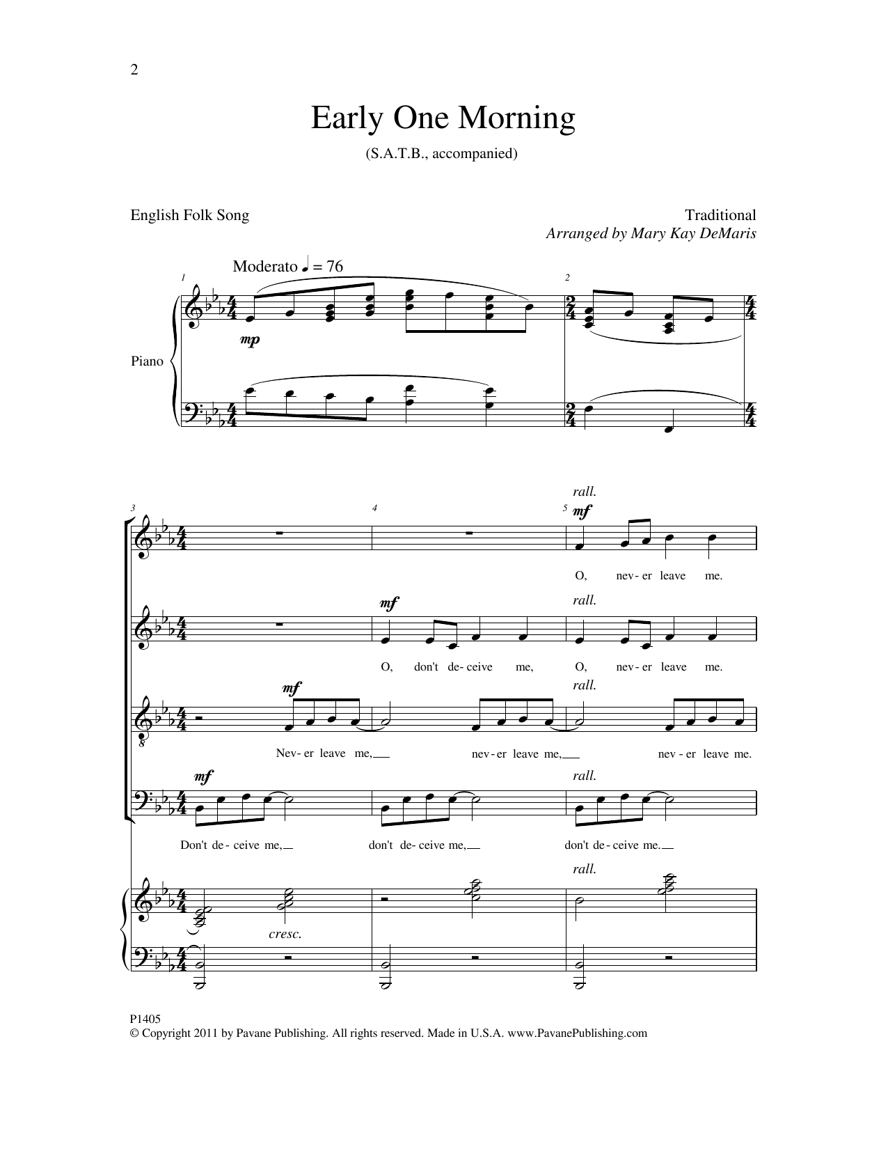 Mary Kay DeMaris Early One Morning Sheet Music Notes & Chords for Choral - Download or Print PDF