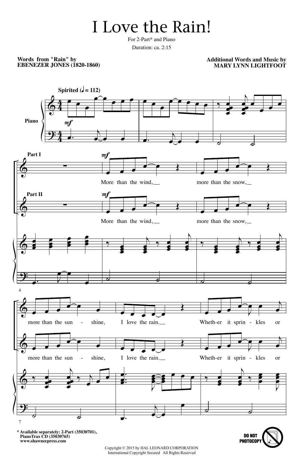 Mary Lynn Lightfoot I Love The Rain! Sheet Music Notes & Chords for 2-Part Choir - Download or Print PDF
