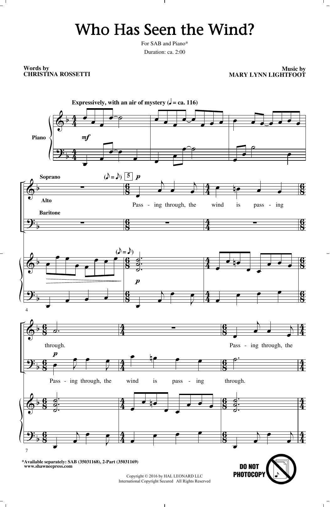 Mary Lynn Lightfoot Who Has Seen The Wind? Sheet Music Notes & Chords for 2-Part Choir - Download or Print PDF