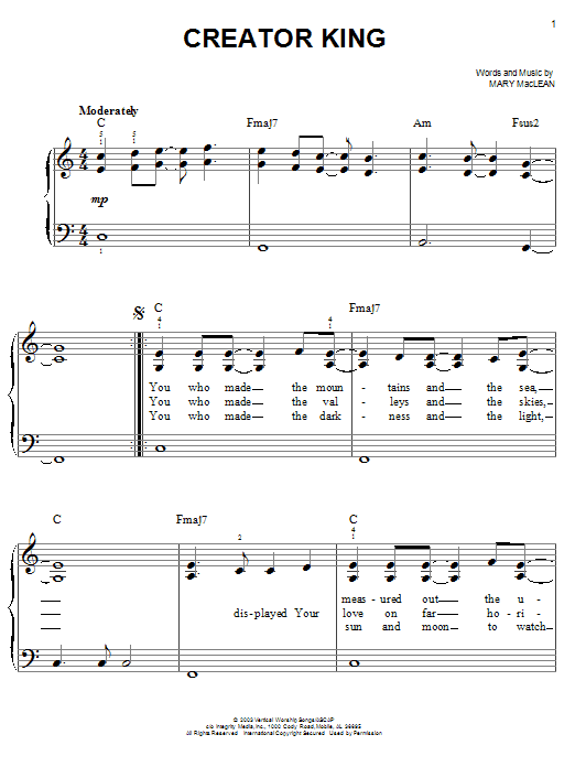 Mary Maclean Creator King Sheet Music Notes & Chords for Easy Piano - Download or Print PDF