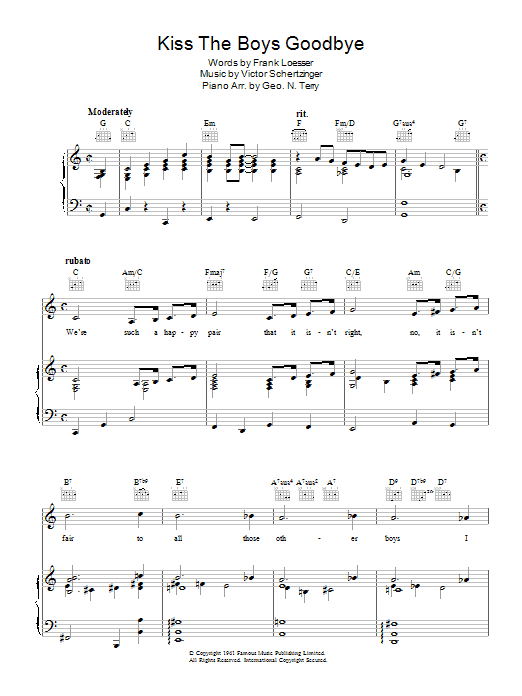 Mary Martin Kiss The Boys Goodbye Sheet Music Notes & Chords for Piano, Vocal & Guitar (Right-Hand Melody) - Download or Print PDF