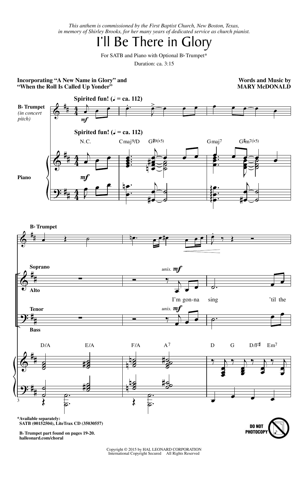 Mary McDonald I'll Be There In Glory Sheet Music Notes & Chords for SATB - Download or Print PDF