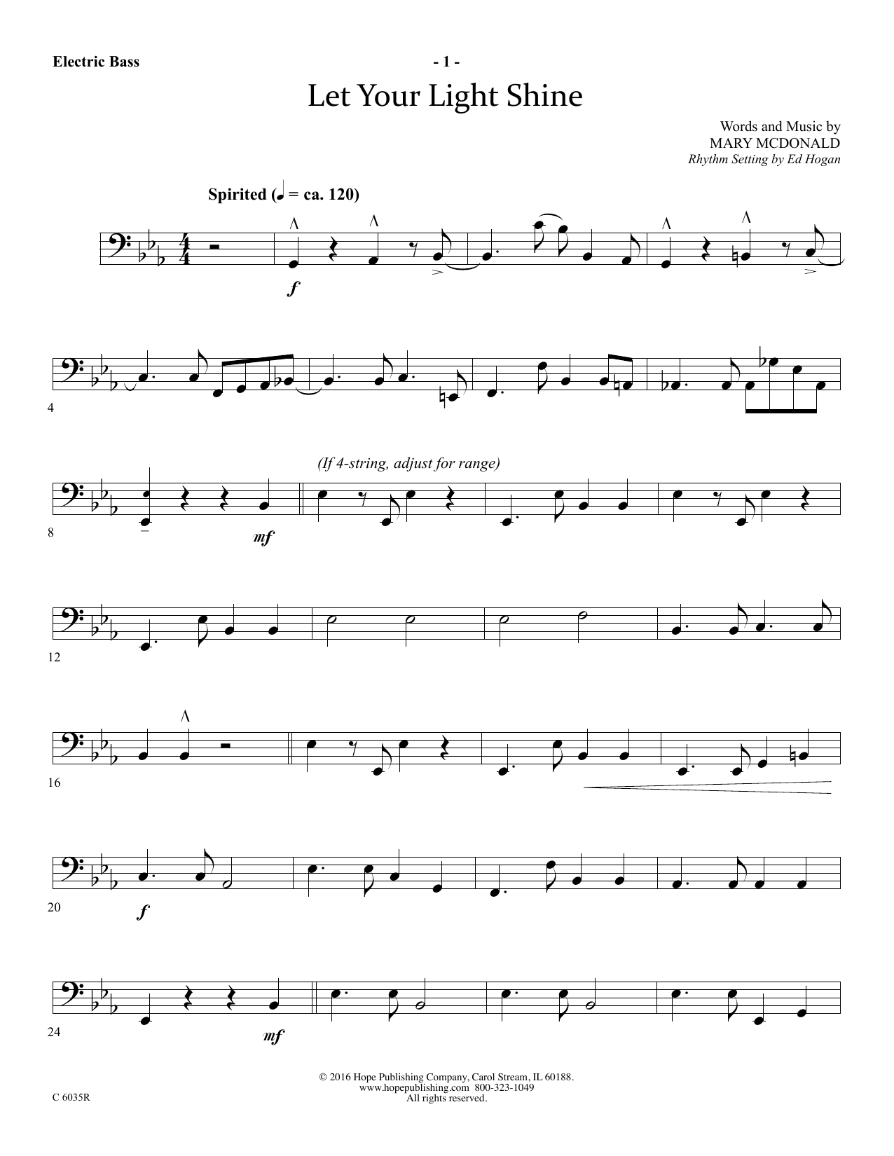 Mary McDonald Let Your Light Shine - Electric Bass Sheet Music Notes & Chords for Choir Instrumental Pak - Download or Print PDF
