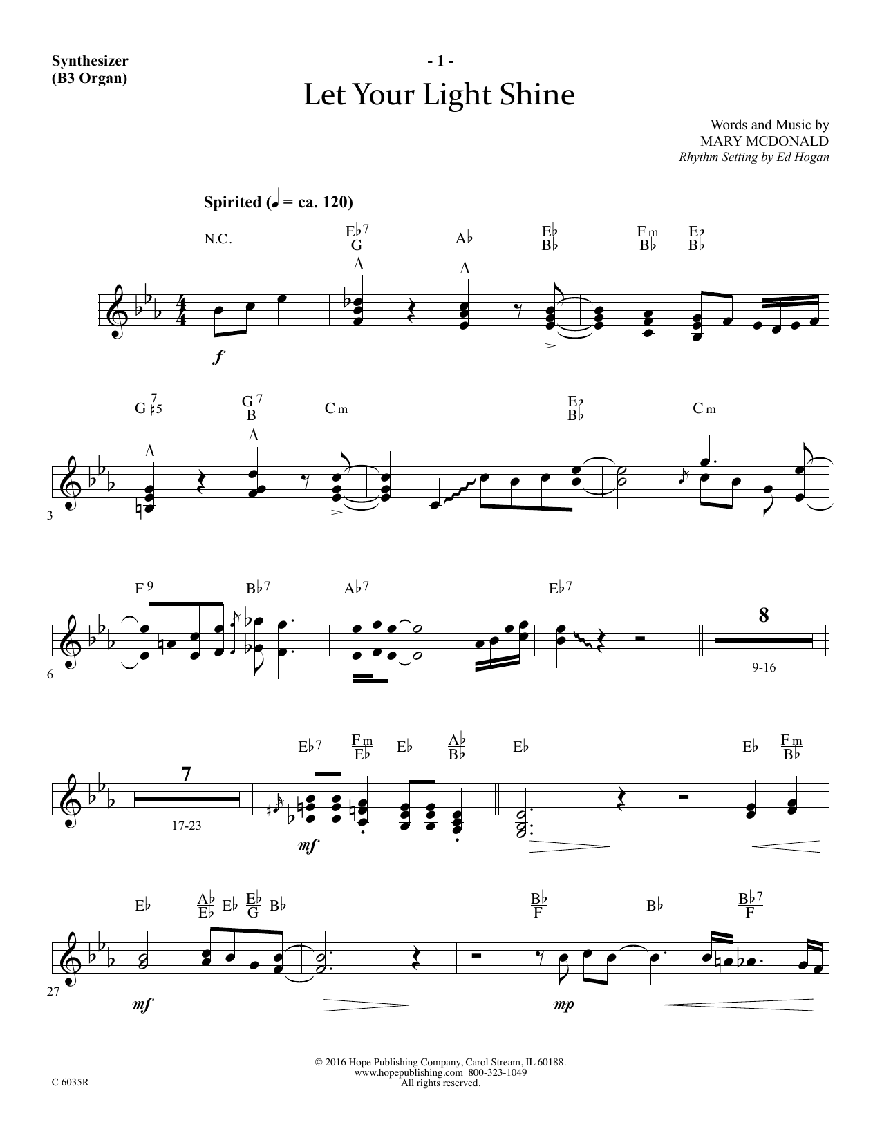 Mary McDonald Let Your Light Shine - Synthesizer Sheet Music Notes & Chords for Choir Instrumental Pak - Download or Print PDF