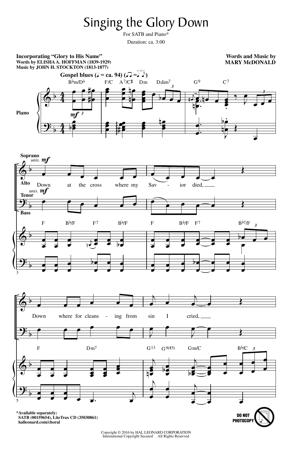 Mary McDonald Singing The Glory Down Sheet Music Notes & Chords for SATB - Download or Print PDF