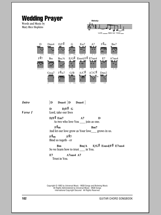 Mary Rice Hopkins Wedding Prayer Sheet Music Notes & Chords for Lyrics & Chords - Download or Print PDF