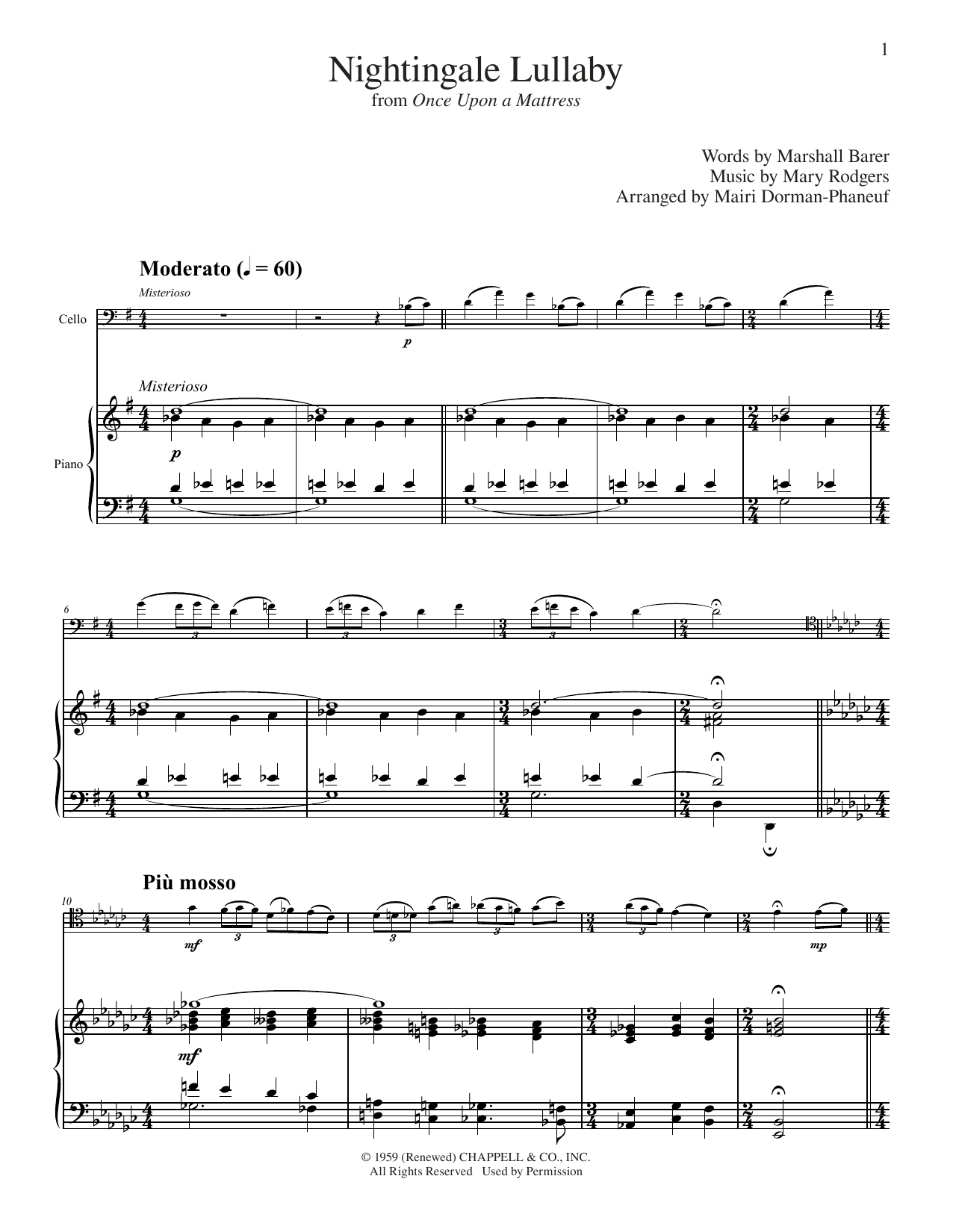 Mary Rodgers Nightingale Lullaby (from Once Upon A Mattress) (arr. Mairi Dorman-Phaneuf) Sheet Music Notes & Chords for Cello and Piano - Download or Print PDF