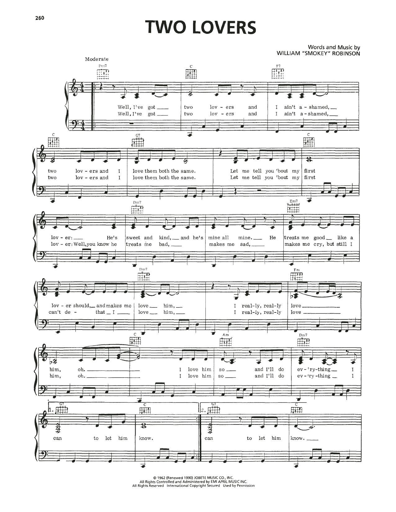 Mary Wells Two Lovers Sheet Music Notes & Chords for Piano, Vocal & Guitar Chords (Right-Hand Melody) - Download or Print PDF