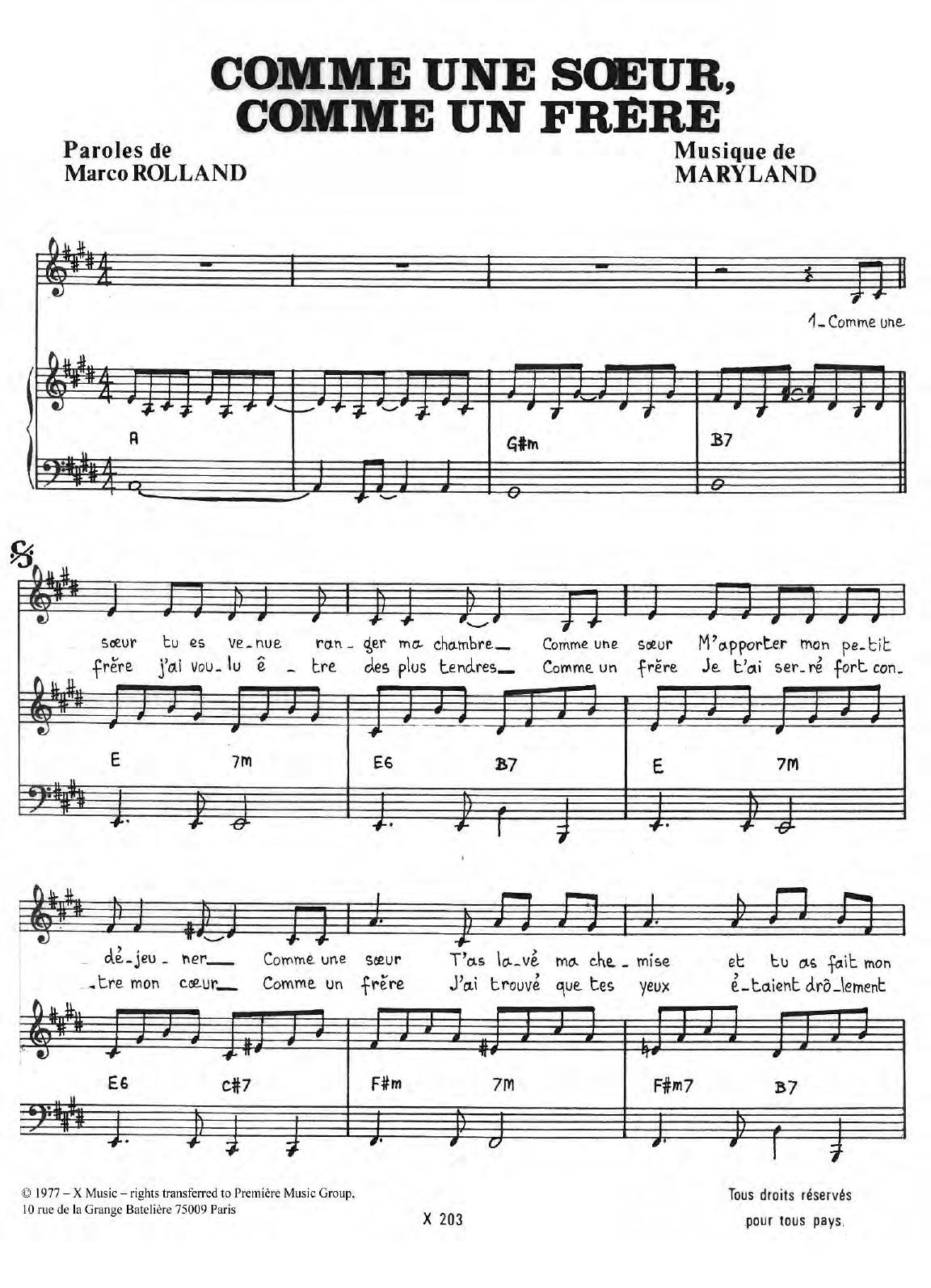 Maryland Comme Une Soeur Comme Un Frere Sheet Music Notes & Chords for Piano & Vocal - Download or Print PDF