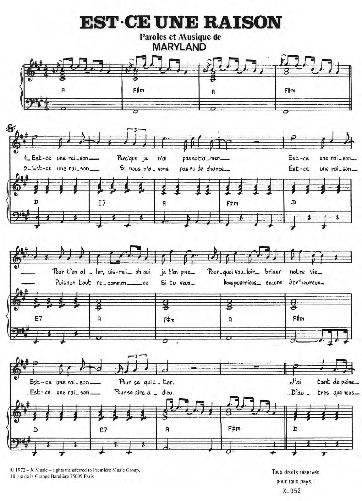 Maryland Est Ce Une Raison Sheet Music Notes & Chords for Piano & Vocal - Download or Print PDF