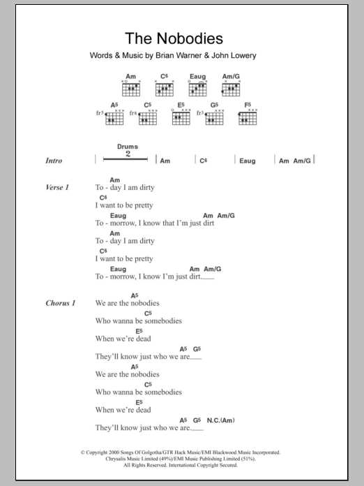 Marilyn Manson The Nobodies Sheet Music Notes & Chords for Lyrics & Chords - Download or Print PDF