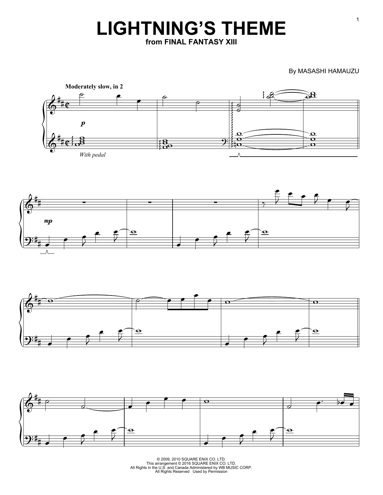 Masashi Hamauzu Lightning's Theme (from Final Fantasy XIII) Sheet Music Notes & Chords for Piano - Download or Print PDF