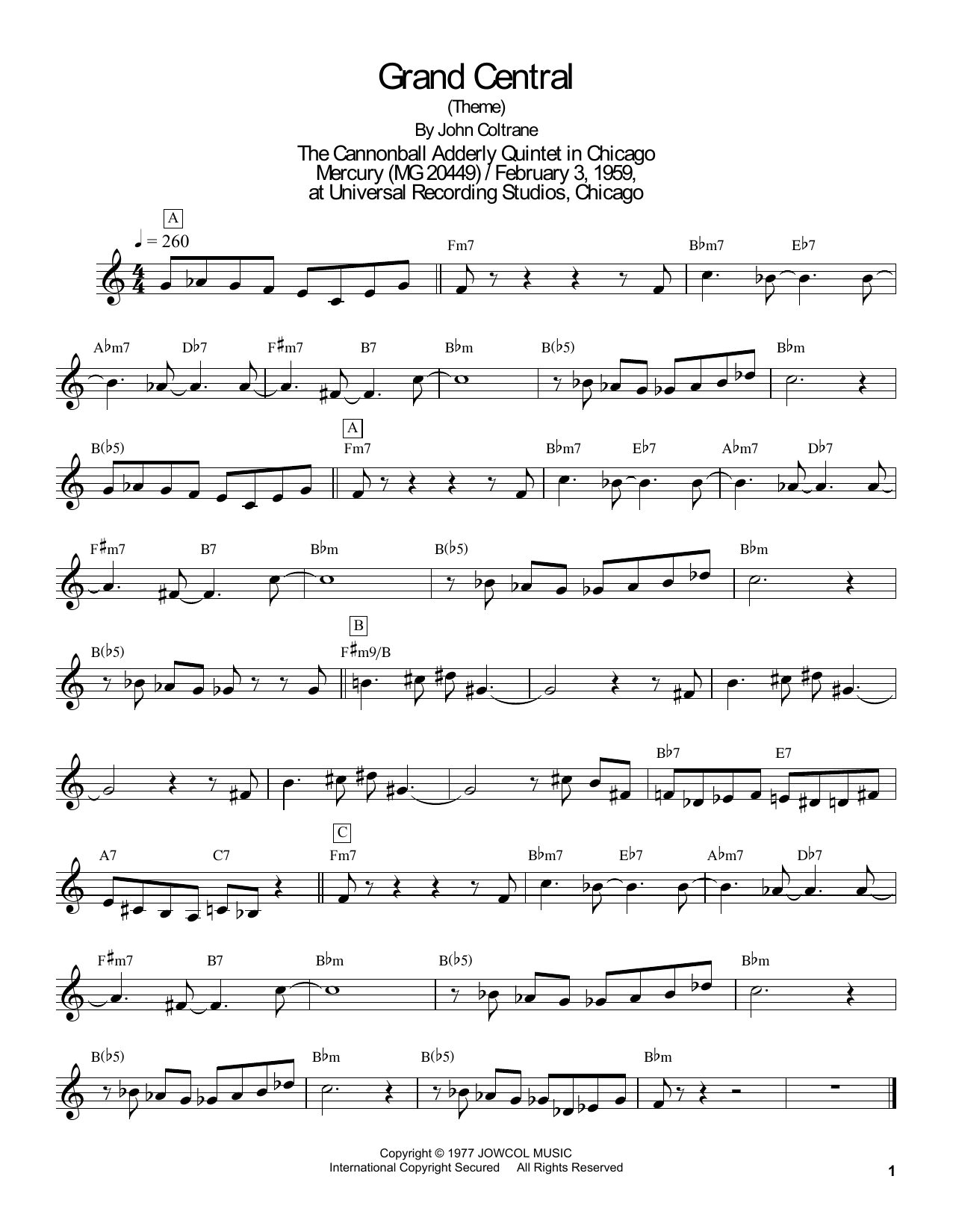 Masaya Yamaguchi Grand Central Sheet Music Notes & Chords for Tenor Sax Transcription - Download or Print PDF