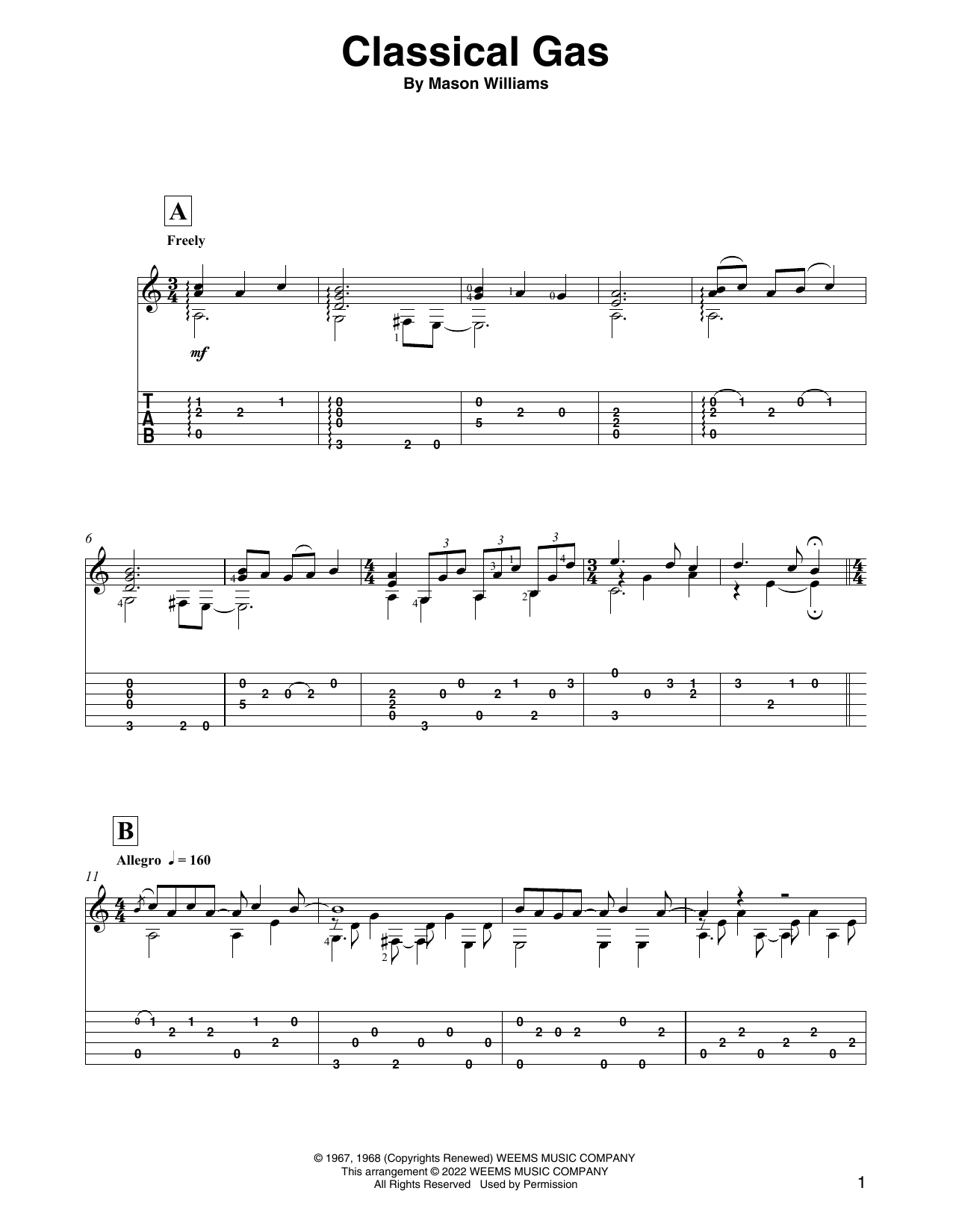 Mason Williams Classical Gas (arr. David Jaggs) Sheet Music Notes & Chords for Solo Guitar - Download or Print PDF