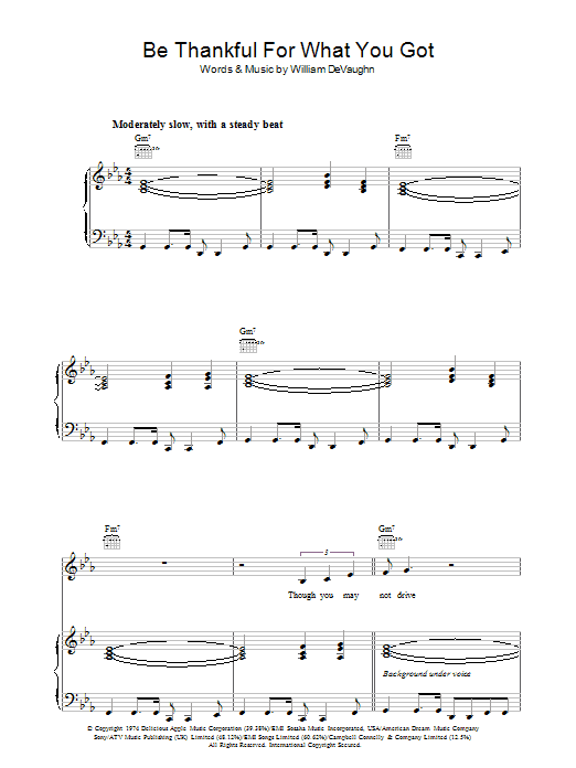 Massive Attack Be Thankful For What You Got Sheet Music Notes & Chords for Piano, Vocal & Guitar - Download or Print PDF