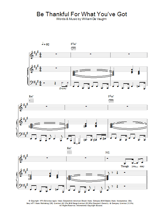 Massive Attack Be Thankful For What You've Got Sheet Music Notes & Chords for Piano, Vocal & Guitar (Right-Hand Melody) - Download or Print PDF