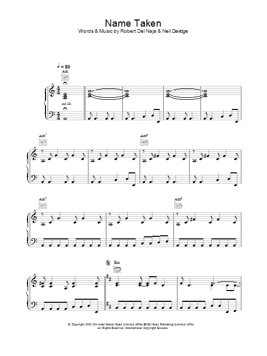 Massive Attack Name Taken Sheet Music Notes & Chords for Piano, Vocal & Guitar - Download or Print PDF