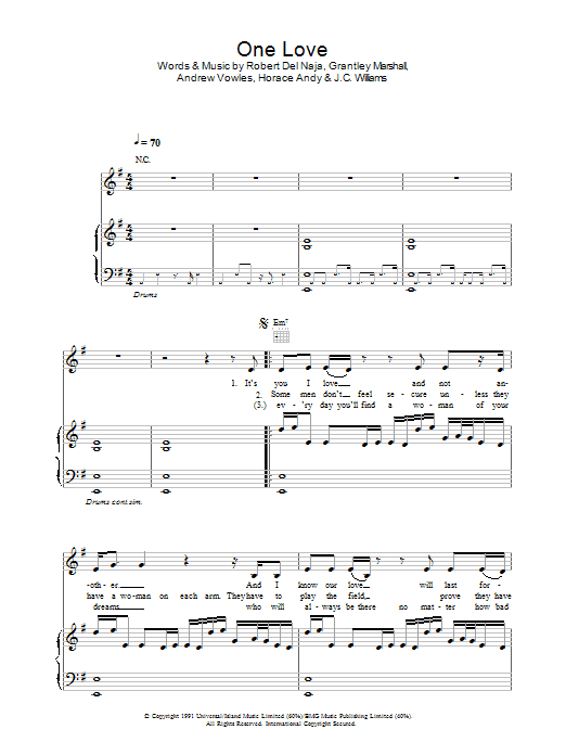 Massive Attack One Love Sheet Music Notes & Chords for Piano, Vocal & Guitar - Download or Print PDF