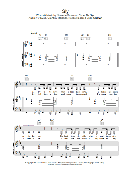 Massive Attack Sly Sheet Music Notes & Chords for Piano, Vocal & Guitar - Download or Print PDF
