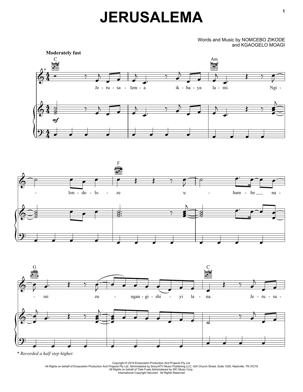 Master KG Jerusalema (feat. Nomcebo Zikode) Sheet Music Notes & Chords for Piano, Vocal & Guitar (Right-Hand Melody) - Download or Print PDF