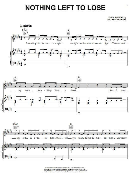 Mat Kearney Nothing Left To Lose Sheet Music Notes & Chords for Easy Guitar Tab - Download or Print PDF