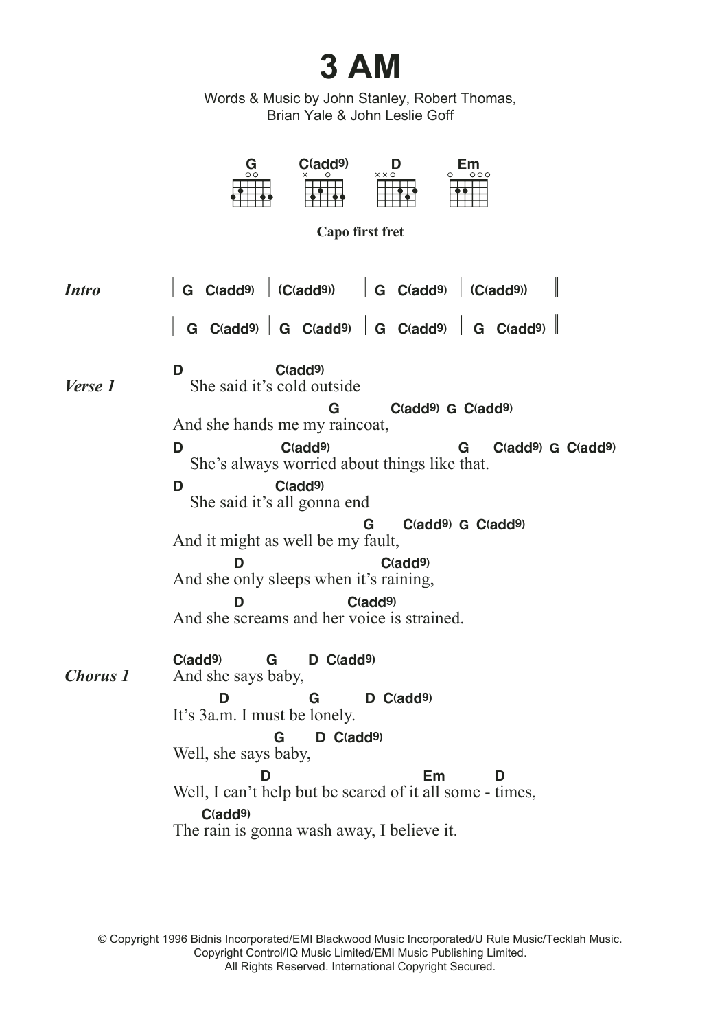 Matchbox Twenty 3AM Sheet Music Notes & Chords for Lyrics & Chords - Download or Print PDF