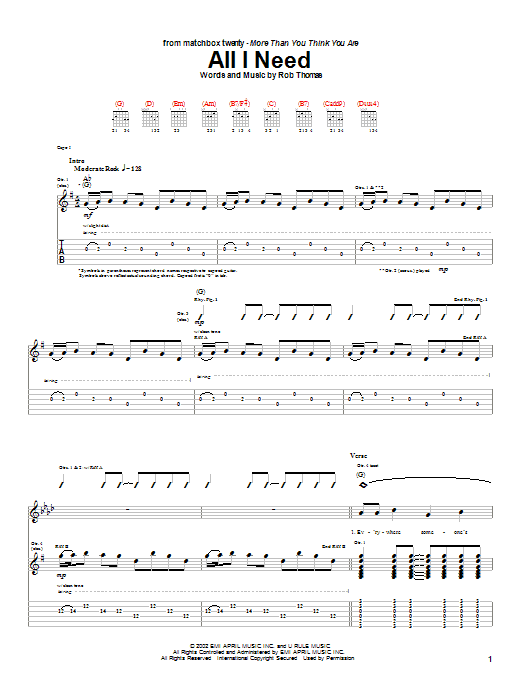 Matchbox Twenty All I Need Sheet Music Notes & Chords for Guitar Tab - Download or Print PDF