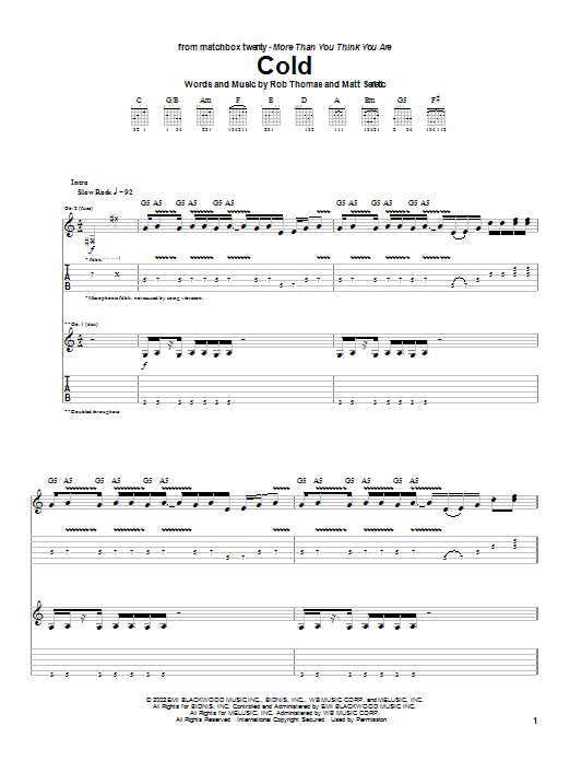 Matchbox Twenty Cold Sheet Music Notes & Chords for Guitar Tab - Download or Print PDF