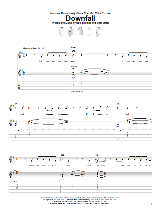 Matchbox Twenty Downfall Sheet Music Notes & Chords for Guitar Tab - Download or Print PDF