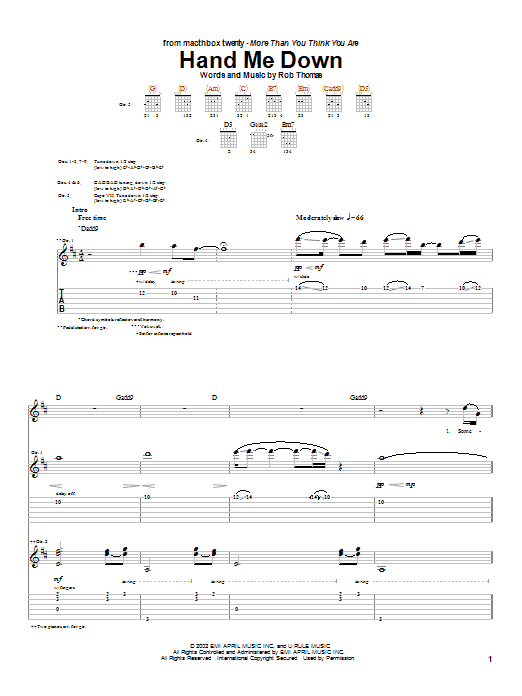 Matchbox Twenty Hand Me Down Sheet Music Notes & Chords for Guitar Tab - Download or Print PDF