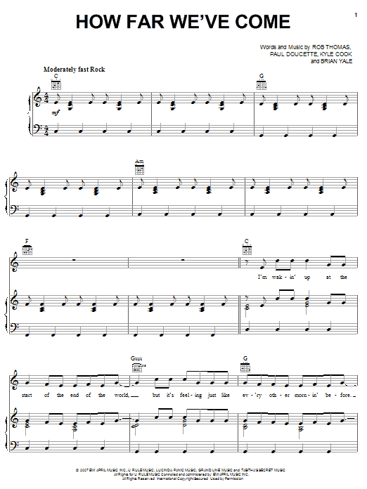 Matchbox Twenty How Far We've Come Sheet Music Notes & Chords for Piano, Vocal & Guitar (Right-Hand Melody) - Download or Print PDF