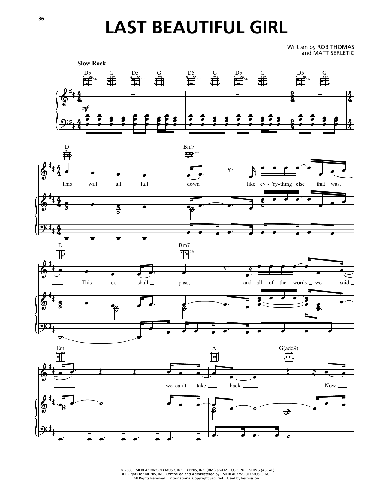 Matchbox Twenty Last Beautiful Girl Sheet Music Notes & Chords for Piano, Vocal & Guitar Chords (Right-Hand Melody) - Download or Print PDF