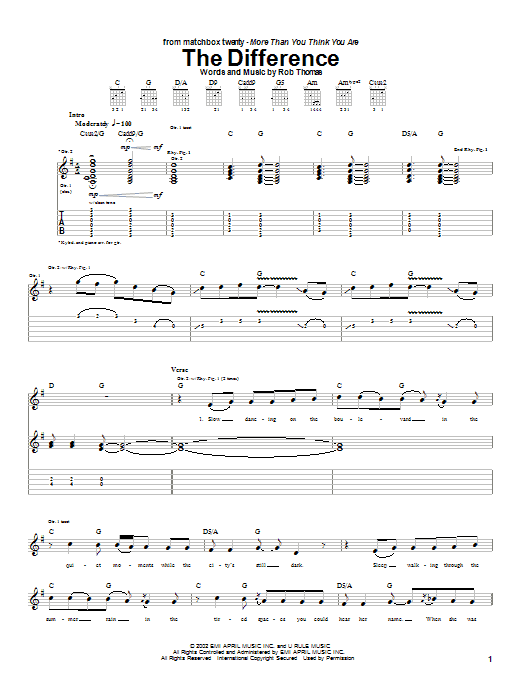 Matchbox Twenty The Difference Sheet Music Notes & Chords for Guitar Tab - Download or Print PDF