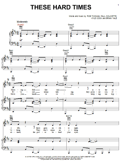 Matchbox Twenty These Hard Times Sheet Music Notes & Chords for Piano, Vocal & Guitar (Right-Hand Melody) - Download or Print PDF