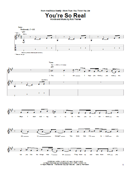 Matchbox Twenty You're So Real Sheet Music Notes & Chords for Guitar Tab - Download or Print PDF