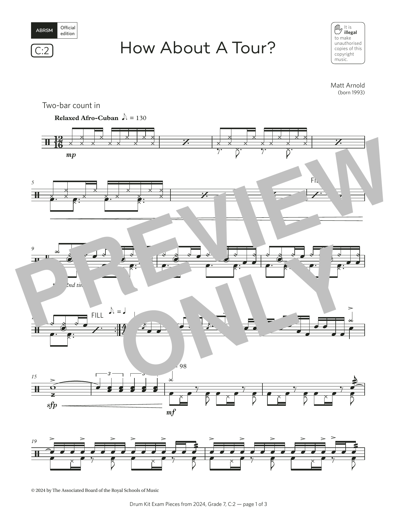 Matt Arnold How About A Tour? (Grade 7, list C2, from the ABRSM Drum Kit Syllabus 2024) Sheet Music Notes & Chords for Drums - Download or Print PDF