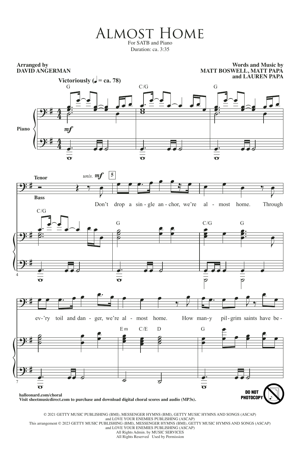 Matt Boswell, Matt Papa and Lauren Papa Almost Home (arr. David Angerman) Sheet Music Notes & Chords for SATB Choir - Download or Print PDF