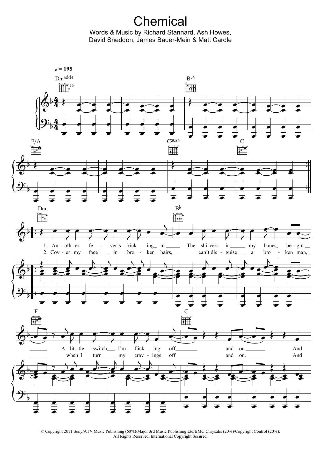 Matt Cardle Chemical Sheet Music Notes & Chords for Piano, Vocal & Guitar (Right-Hand Melody) - Download or Print PDF